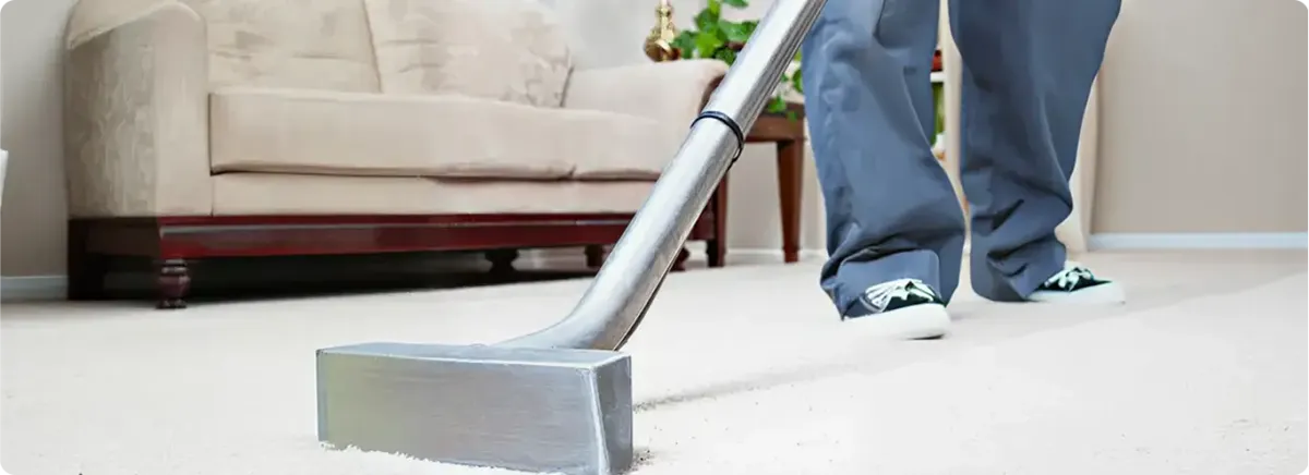 Carpet cleaning technician using a hot-water extraction wand on a light-colored carpet in a living room, Worcester, MA.